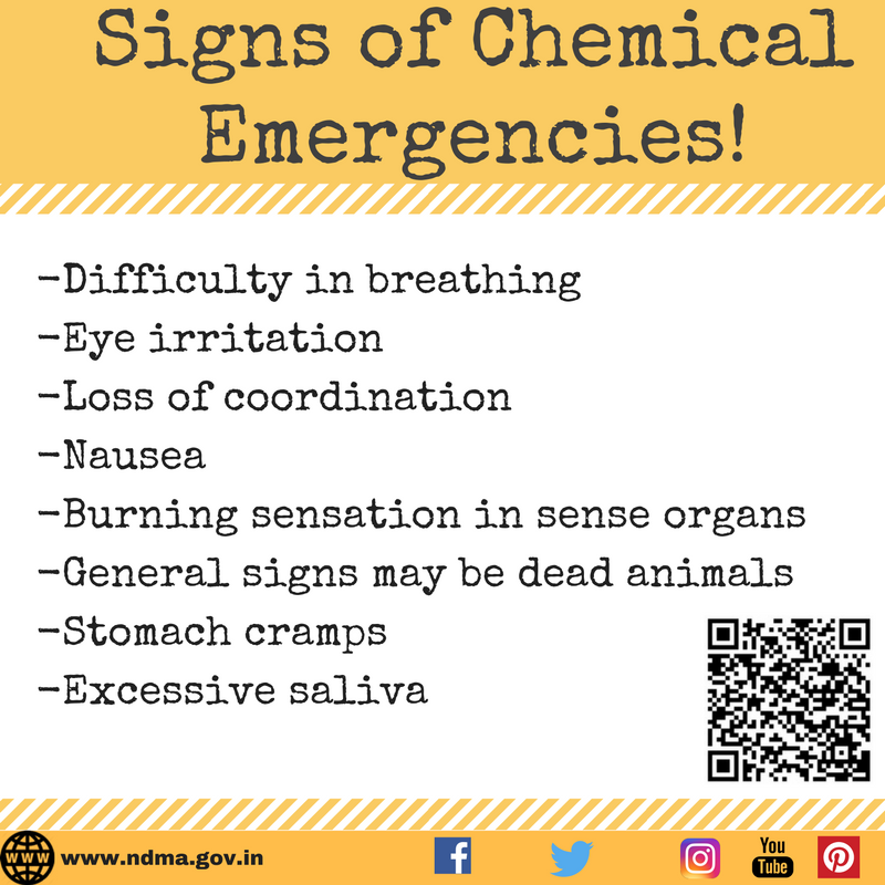 Signs of Chemical Emergencies– difficulty in breathing, eye irritation, loss of coordination, nausea, burning sensation in sense organs, general signs may be dead animals, stomach cramps, excessive saliva 